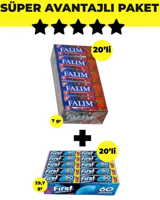 Falım Çilek Aromalı Sakız (5'li X 20 Adet)- First İnfinity 11s Stick Nane Aromalı Sakız (29,7 Gr X 20 Adet) - Avantajlı Falım First Paketi