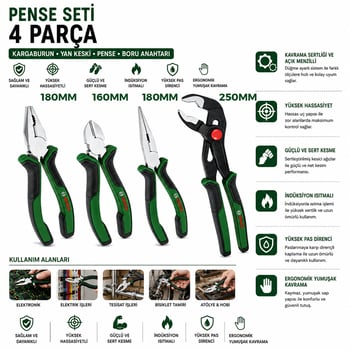 Bosch-1 600 A02 W7k ( 621 ) ( 4pcs ) Pense Seti ( 10" Papağan Pense & 7" Pense - 6" Yan Keski - 7" Kargaburnu ) ( 60 ± Kesme Sertlik )