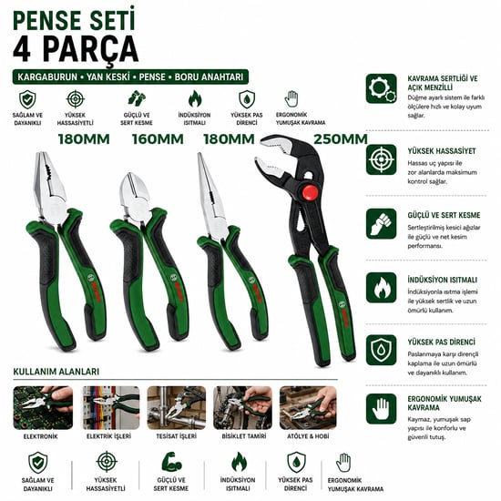 Bosch-1 600 A02 W7k ( 621 ) ( 4pcs ) Pense Seti ( 10" Papağan Pense & 7" Pense - 6" Yan Keski - 7" Kargaburnu ) ( 60 ± Kesme Sertlik )