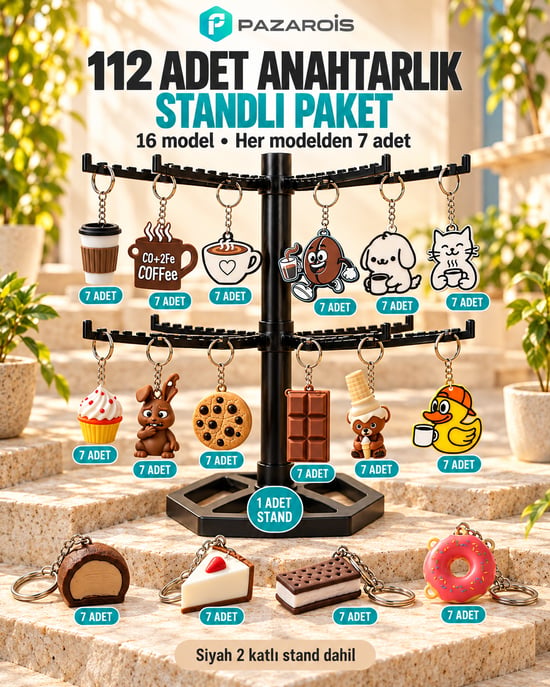 112 Adet Tatlı ve Kahve Figürlü Toptan Anahtarlık Paketi