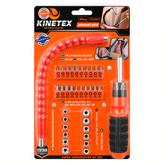 Kinetex Ktx-3451 ( 43pcs ) ( Silikon Sap ) Akrobat Uzatmalı Tornavida Bits Seti ( Manyetik Uç Tutucu )