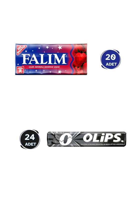 Falım Çilek Aromalı Sakız (5'li x 20 Adet)-  Olips Keskin Mentol Şekerleme 24'lü Paket (28gr x 24 Adet) - Avantajlı Falım Olips Paketi
