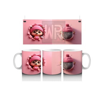 Pembe Giyimli Kız ve Kalpli Peluş Baskılı Kahve Kupası Çok Renkli