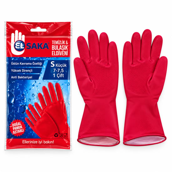 Elsaka ( S ) ( No-7-7.5 ) ( Plastik ) Temizlik & Bulaşık Eldiveni ( Doğal Pamuk Astarlı ) ( Yüksek Dirençli )