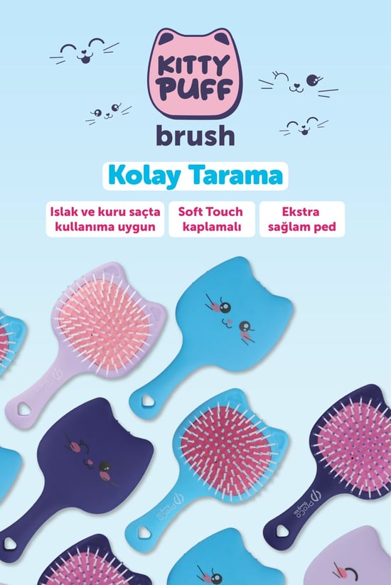 Proco Beauty Kids Kitty Puf Açma Tarama Saç Fırçası - Kedicik Figürlü Saç Fırçası ( Mor, Turkuaz, Lila )