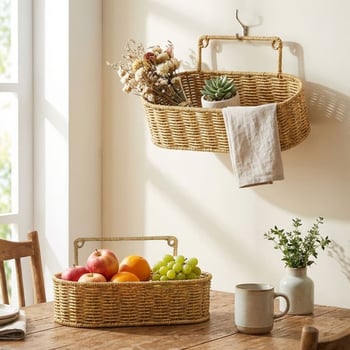 BUFFER® 2’li Duvar Askılı Plastik Rattan Organizer – Oval Hasır Görünümlü Mutfak Raf Sepeti, Banyo v