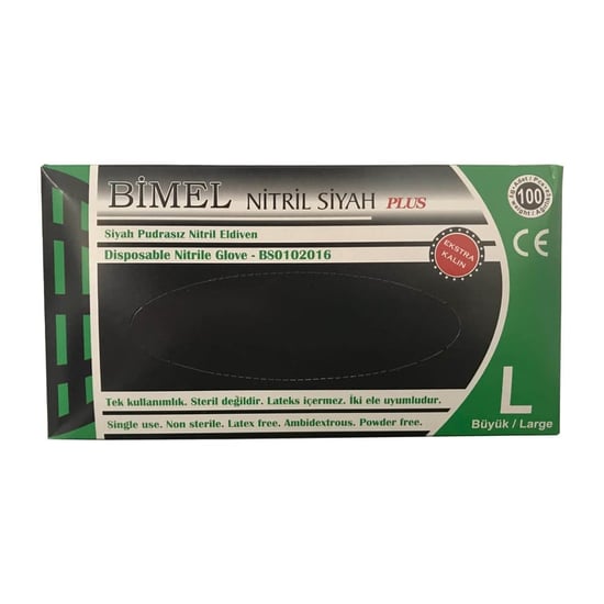 Bimel Pudrasız Nitril Plus Eldiven L Beden Siyah 100'lü