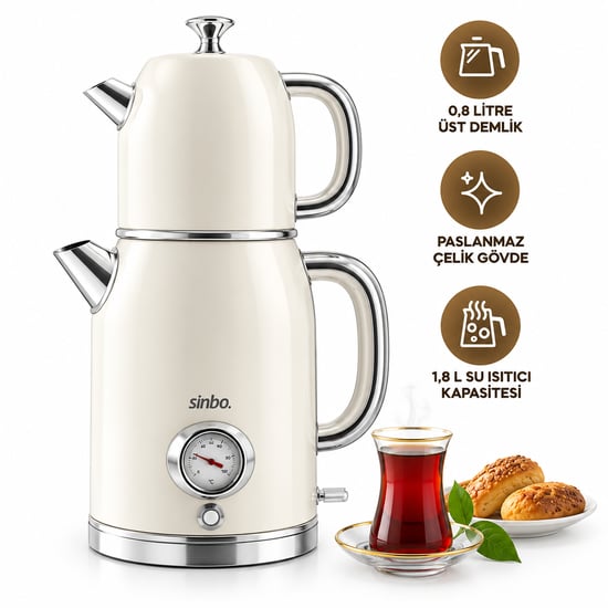 Sinbo Stm-5849 Krem ( Elektrikli ) ( Cam Demlikli ) ( Plastik ) Retro Çay Seti Çaycı ( Derece Göstergeli ) ( 1600w ) ( 1.8lt & 1lt )