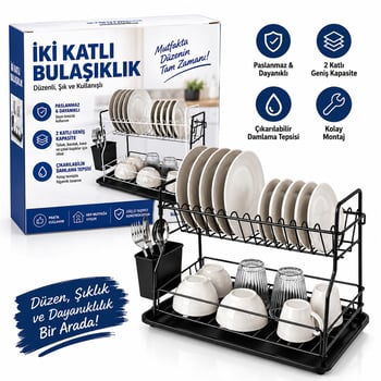 Krt-1158 ( Siyah & Metal ) ( 2 Katlı ) Tabaklık & Bulaşıklık