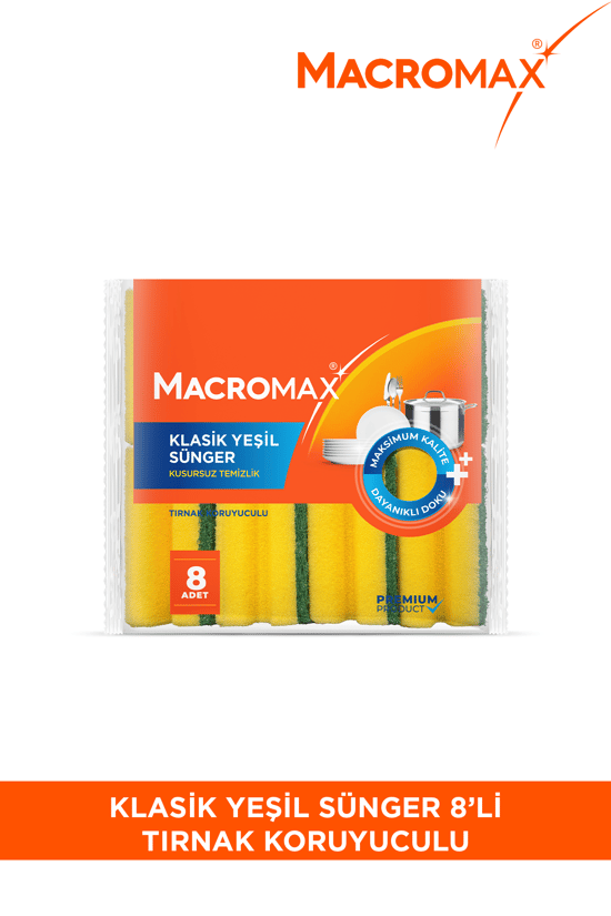 Macromax Tırnak Koruyuculu Bulaşık Süngeri 8'li Paket Ergonomik Yeşil Klasik Sünger