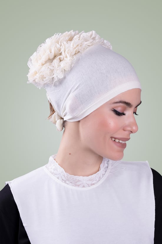 Hürrem Bone Krem Arkadan Bağlamalı Tesettür Bone Viskon Kumaş Fırfır Bone 1006_40