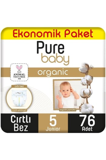 Pure Baby Organik Pamuklu 5 Numara Junior 76'lı Bebek Bezi