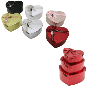 İ12-087 (3pcs) (kalp) (parlak Mix Renkli & Kabartma Desen) Karton Hediye Kutusu (kurdelalı) (22x20-19x17-16x14cm)