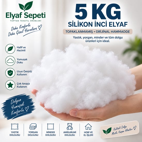 Elyaf Sepeti 5 Kg Silikon İnci Elyaf – Yastık, Minder, Yorgan ve Hobi Dolgu Elyafı