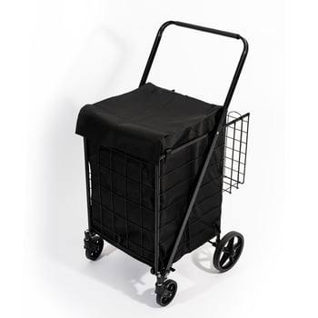 4 Tekerlekli 80 L Katlanabilir Kılıflı Pazar Arabası – 360° Dönebilen Metal İskeletli Siyah Alışveriş Arabası