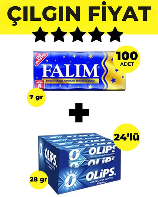 Falım (5'li 7gr X 100 Adet) - Olips (28gr X 24) Avantajlı Damla Sakız ve Mentol Okaliptus Aromalı Şekerleme Paketi