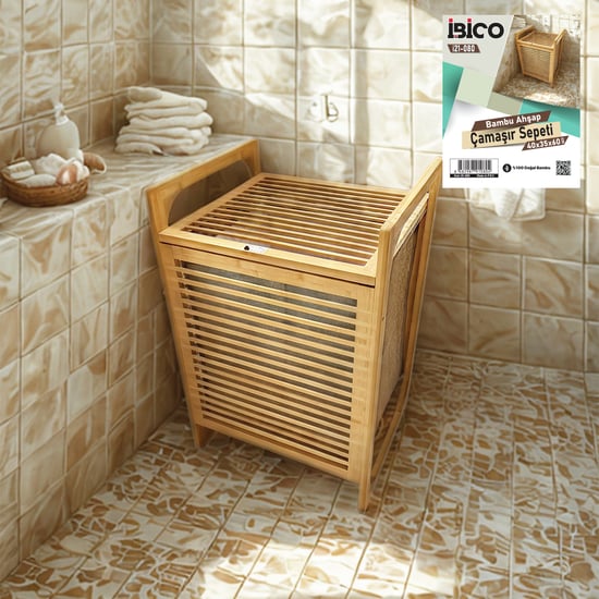 İ21-080 ( Üstten Açılır ) ( Kalın Ahşap Bambu ) Kirli Çamaşır Sepeti ( Kumaş Çantalı ) ( Sepet=40x35x60cm )