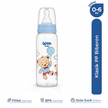 Klasik Pp Yuvarlak Uçlu Bebek Biberonu 250 Ml Yavaş Akış 0-6 Ay Mavi