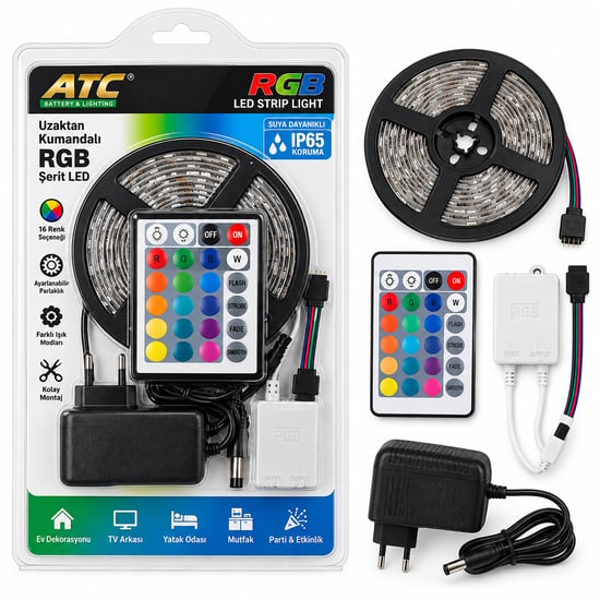 Atc ( 5mt ) (kumandalı & Adaptörlü) (rgb Renkli) Şerit Led (ıp65=su Geçirmez) (smd=2835) (54leds/m)