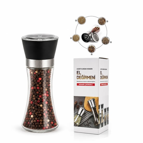 İ22-409 Hand Grinder ( Büyük ) ( Cam Hazneli & Pls.kapaklı & Krom Belli ) Tuz & Baharat Öğütücü