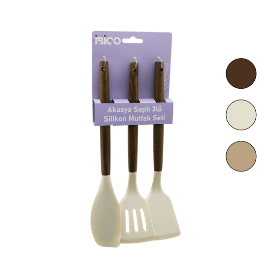 İ22-014 ( 3pcs ) ( Renkli Silikon ) ( Spatula ) Mutfak Seti ( Ahşap Akasya Saplı ) ( Klasik & Yan & Delikli Spatula) (30cm)