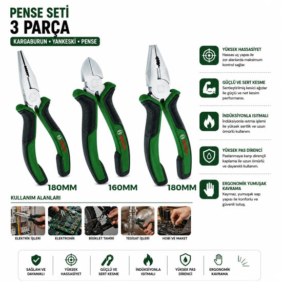 Bosch-1 600 A02 C0s ( 531 ) ( 3pcs ) Pense Seti ( 7" Pense - 6" Yan Keski - 7" Kargaburnu ) ( 60 ± Kesme Sertlik )