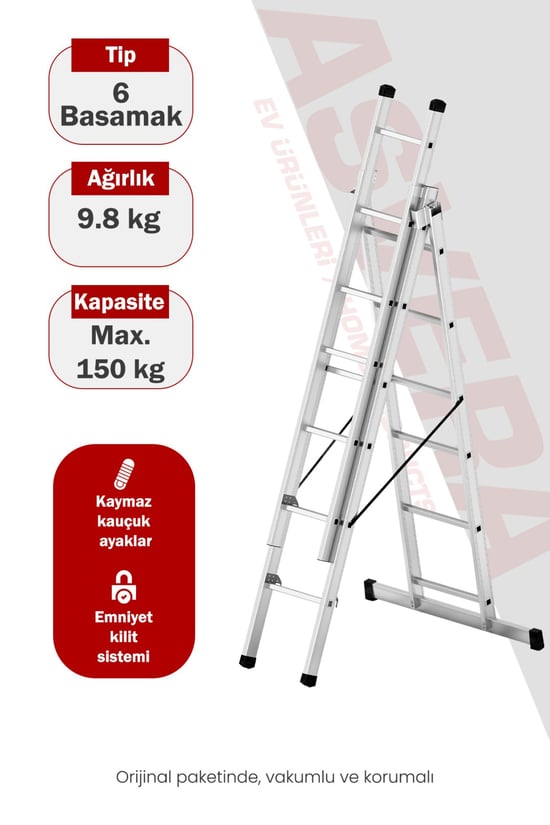 Asvera Endüstriyel 6 Metre A Tipi 3 Parçalı Alüminyum Merdiven - 1.4 Mm Profesyonel Merdiven