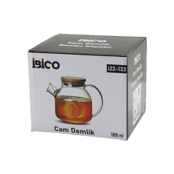 İ22-133 ( 1000ml ) ( Sade Düz ) ( Cam Demlik ( Bambu Dış Yüzey & Metal İç Yüzey & Silikon Contalı Kapak )