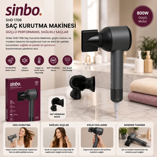 Sinbo Shd-1755 ( Gri ) Saç Kurutma Makinesi ( 110.000 Rpm ) ( Sessiz Çalışma & 3 Hız - Sıcaklık Ayar )