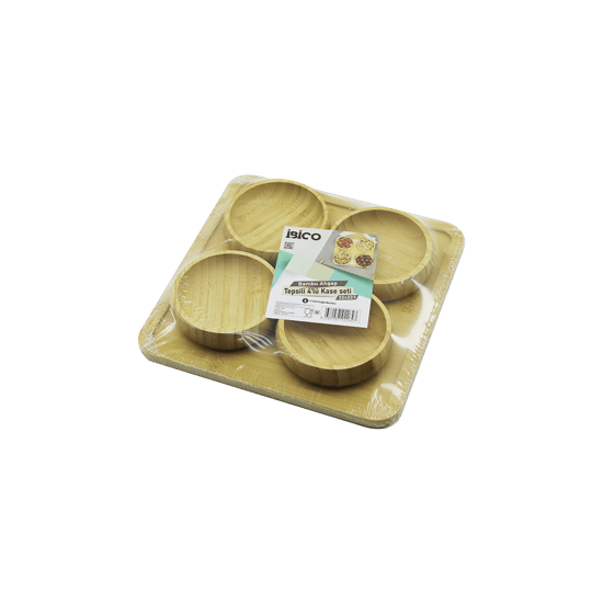 İ22-264 ( 4pcs ) ( Tepsili ) ( Ahşap Bambu ) ( Çerezlik & Lokumluk ) Kase Seti ( Tepsi= 22x22cm ) ( Çerezlik= Çap: 8.5cm & D: 2cm )
