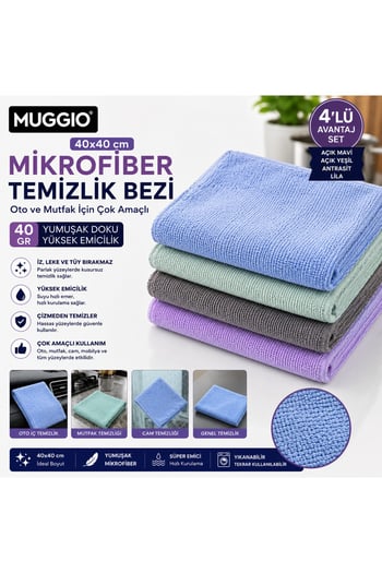 Molto 40x40 Mikrofiber Temizlik Bezi 40 Gr 4'lü Set | Oto Mutfak Cam Bezi İz Tüy Hav Bırakmaz