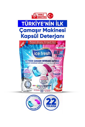 Ice Fresh Çamaşır Makinesi Deterjanı Hepsi Bir Arada Kapsülü 22 Yıkama Beyazlar ve Renkliler Yerli Üretim