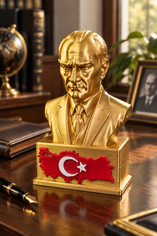 Atatürk ve Türkiye Figürlü Dekoratif Biblo - 15cm Altın