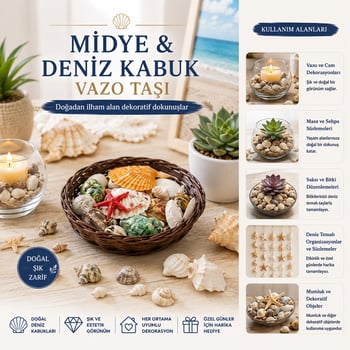İ12-246 ( Yuvarlak Ahşap Sepet ) ( Renkli Mix ) Midye & Deniz Kabuk Vazo Taşı
