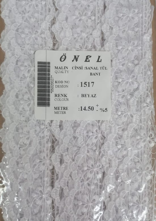 Dantel Polyester Sanal Tül Bant Beyaz 14,50 Metre En 6 Cm On-1517-b