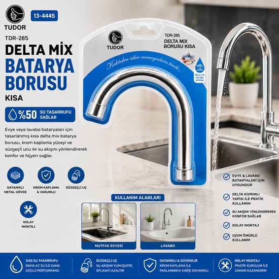 Tudor Tdr-285 ( Kuğu ) ( Evye & Lavabo ) Kısa Delta Mix Batarya Borusu ( Krom Kaplama & Vakumlu & Süzgeçli Uç)