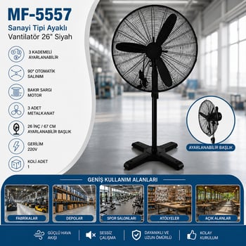Mf-5557 ( Ayaklı ) ( 26") (sanayi Tipi Vantilatör ) ( 65cm ) ( 3 Metal Pervane ) ( 3 Kademeli & 220v )