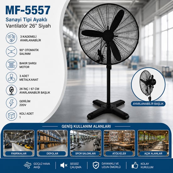 Mf-5557 ( Ayaklı ) ( 26") (sanayi Tipi Vantilatör ) ( 65cm ) ( 3 Metal Pervane ) ( 3 Kademeli & 220v )