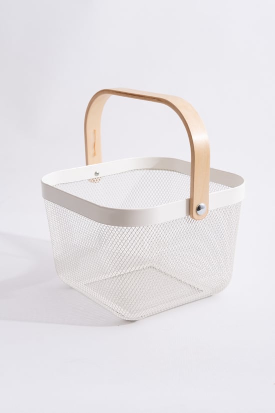 Ahşap Saplı Çok Amaçlı Metal Düzenleme Saklama Depolama Sepeti Beyaz