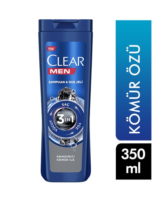 Clear Şampuan 350 ml  Men 3 In 1 Şampuan & Duş Jeli Arındırıcı Kömür Saç Yüz Vücut Için