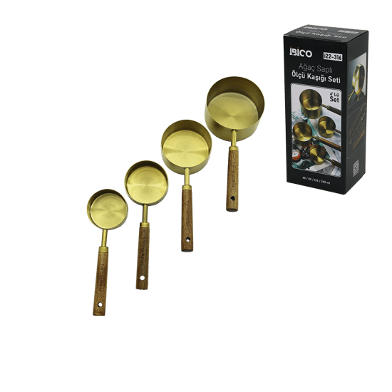 İ22-316 ( 4pcs ) ( Gold Metal ) Ölçü Kaşık Seti ( Otantik Ağaç Kulp ) ( 250ml & 125ml & 80ml & 60ml )