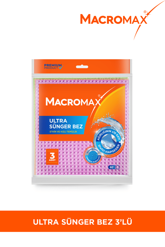 Macromax Ultra Sünger Bez 3'lü Paket Ağırlığının 10 Katı Su Emen Yüksek Performanslı Mutfak Bezi