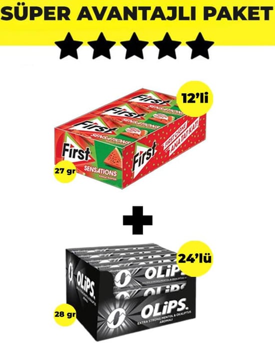 First Sensations Karpuz Aromalı Sakız (27gr X 12 Adet)- Olips Keskin Mentol Şekerleme 24'lü Paket (28gr X 24 Adet) - Avantajlı First Olips Paketi