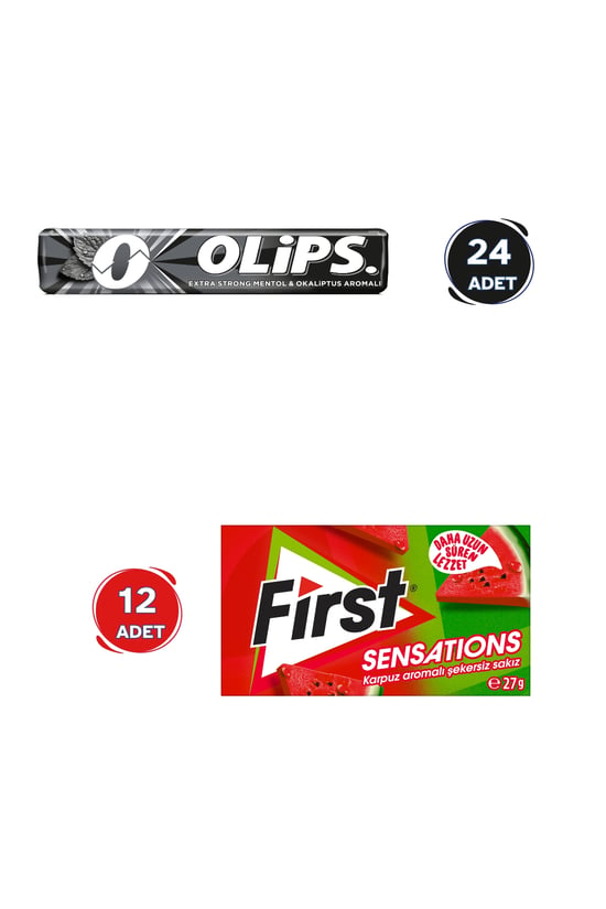 First Sensations Karpuz Aromalı Sakız (27gr x 12 Adet)- Olips Keskin Mentol Şekerleme 24'lü Paket (28gr x 24 Adet) - Avantajlı First Olips Paketi