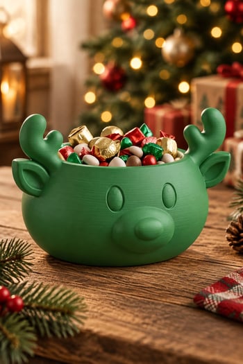 Sonbahar ve Noel Temalı Ren Geyiği Figürlü Bowl - Sunum Kabı Yeşil