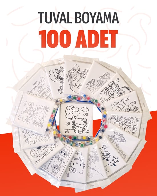 Toptan Çocuk Tuval Boyama Seti 20x20 Cm (100'lü Paket) - 6 Renk Akrilik Boya ve Fırça Hediyeli - Askılı Poşetli Stand Boyu