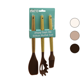 İ22-007 (3pcs) (renkli Silikon) (ahşap Saplı) Mutfak Seti (y.fırçası & Makarna-salata Kaşık & Spatula)(27-30-31cm)