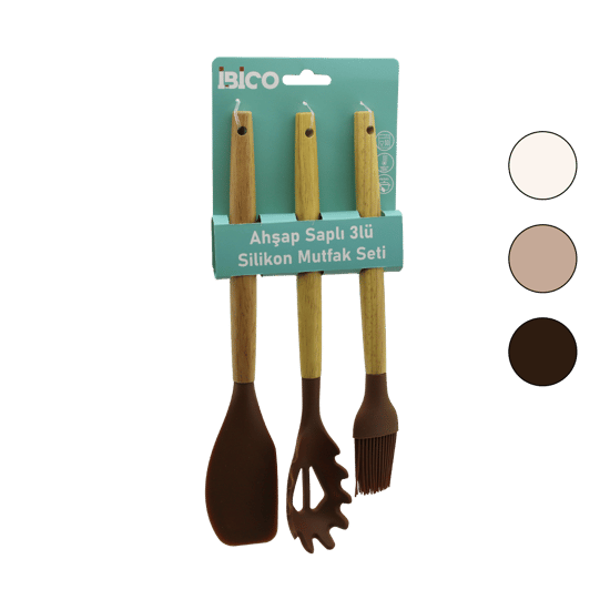 İ22-007 (3pcs) (renkli Silikon) (ahşap Saplı) Mutfak Seti (y.fırçası & Makarna-salata Kaşık & Spatula)(27-30-31cm)
