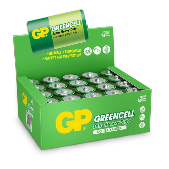 Gp Batteries Gp13g Greencell R20p/1250/d Boy Kalın Pil, 1.5 Volt, 20'li Kutu