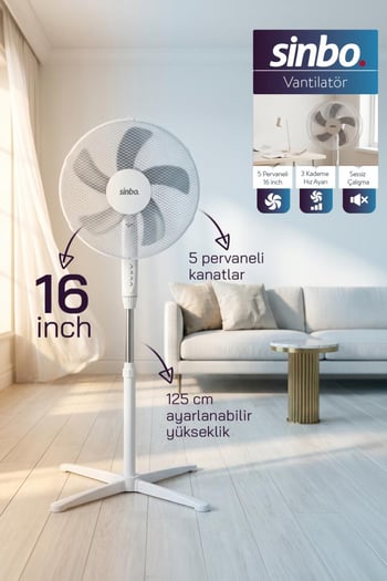 Sinbo Sf-7704 Ayaklı Vantilatör 16 İnç 35w Sessiz Fan 3 Kademeli Yükseklik Ayarlı Ev Tipi